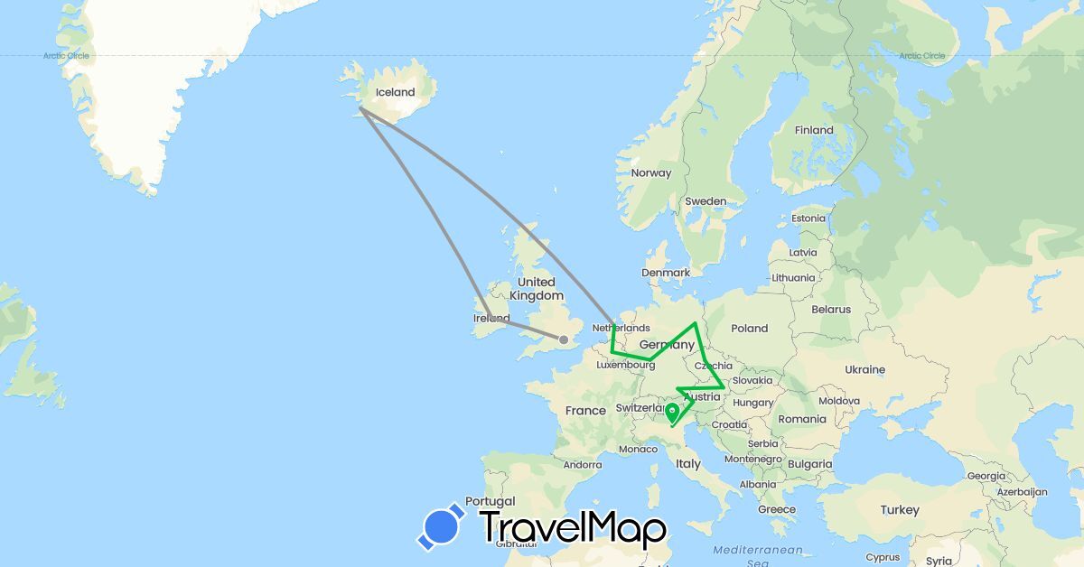 TravelMap itinerary: bus, plane in Austria, Belgium, Czech Republic, Germany, United Kingdom, Ireland, Iceland, Italy, Netherlands (Europe)